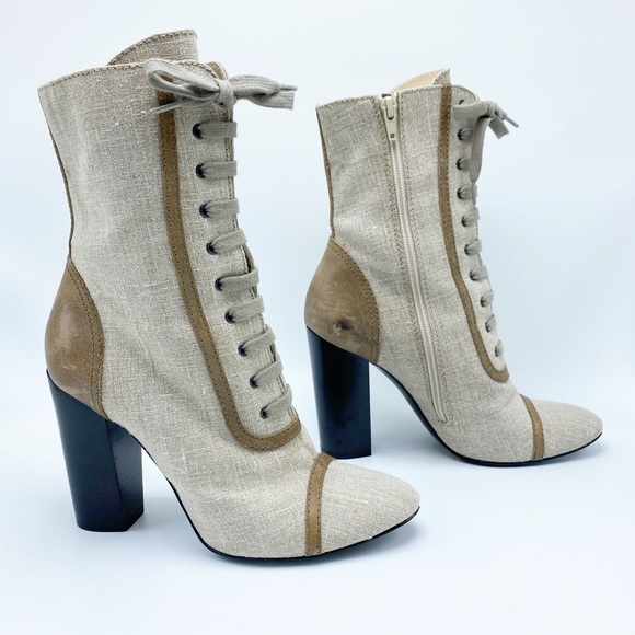 MaxMara size 38 / 8 Canvas and Leather Lace up Mid Calf Booties - Picture 3 of 9